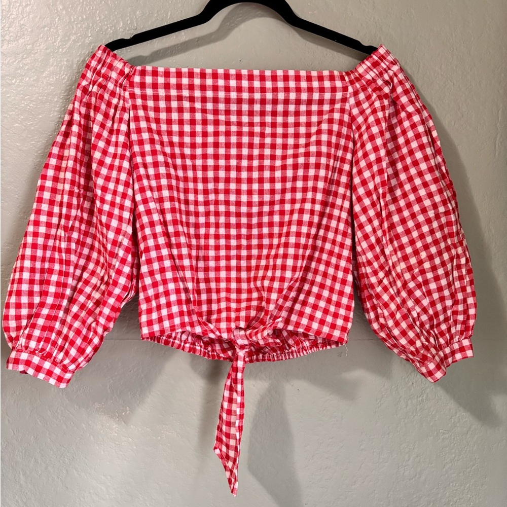 Red checkered tie up blouse